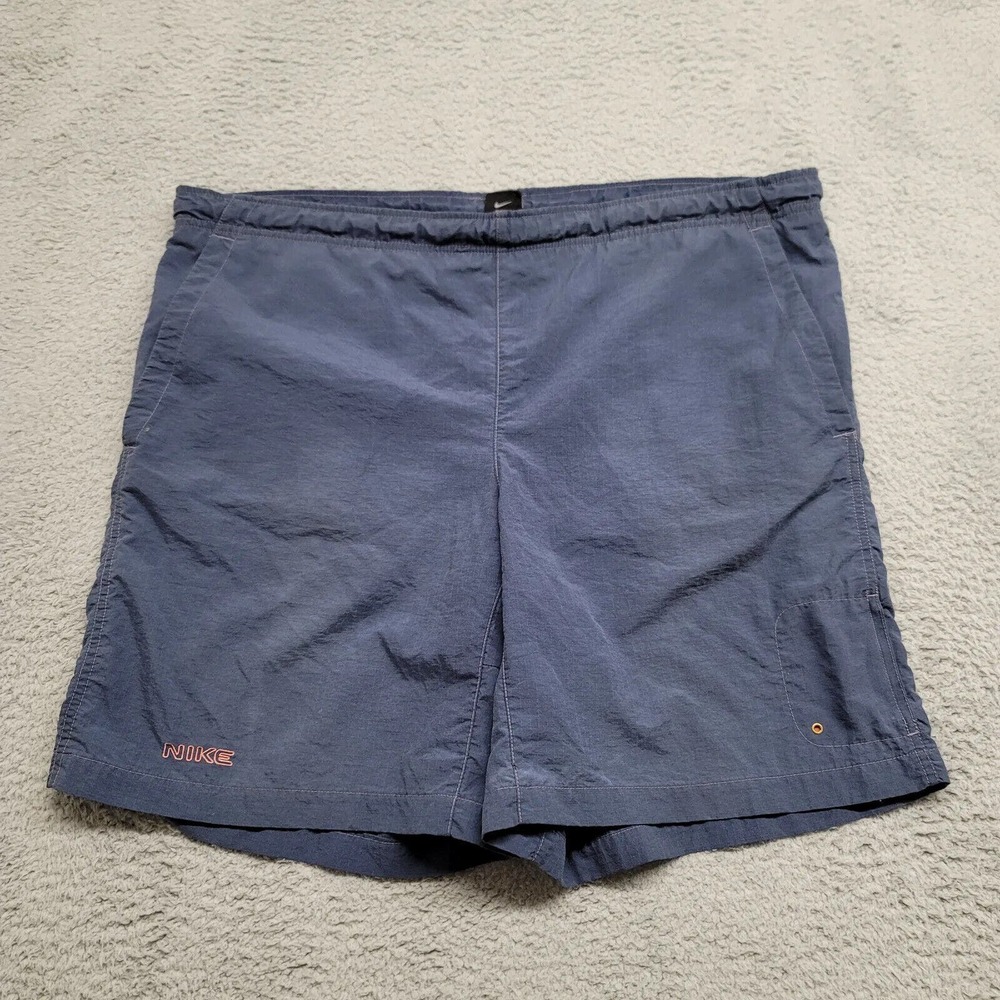 Nike Shorts Mens Large Blue Swim Trunks Lined Drawstring Spellout Logo Vintage
